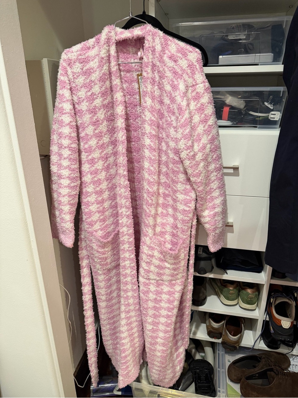 SKIMS Pink & Cream Bouclé Long Open Front Coatigan